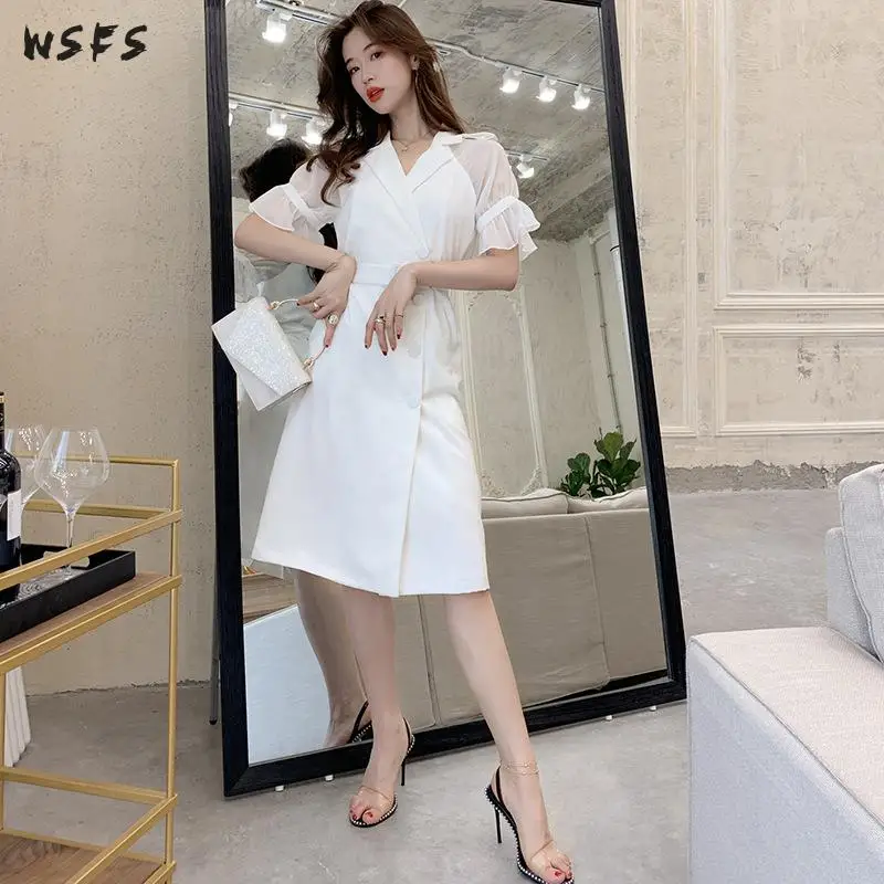 Летние белые платья женское платье с отложным воротником и коротким рукавом