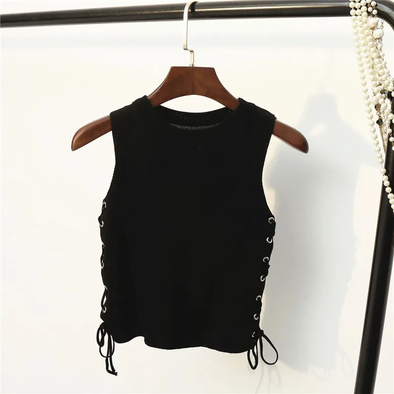 Женская футболка на шнуровке повседневная трикотажная без рукавов с круглым