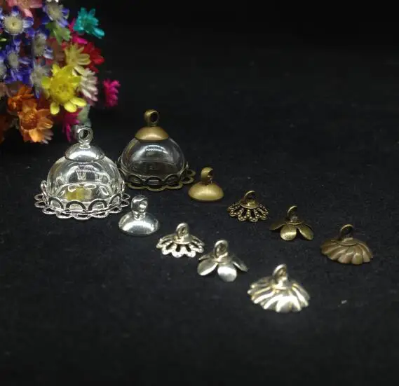 100 наборов 15 мм Стеклянная купольная бронза покрытая двойным кружевом основа