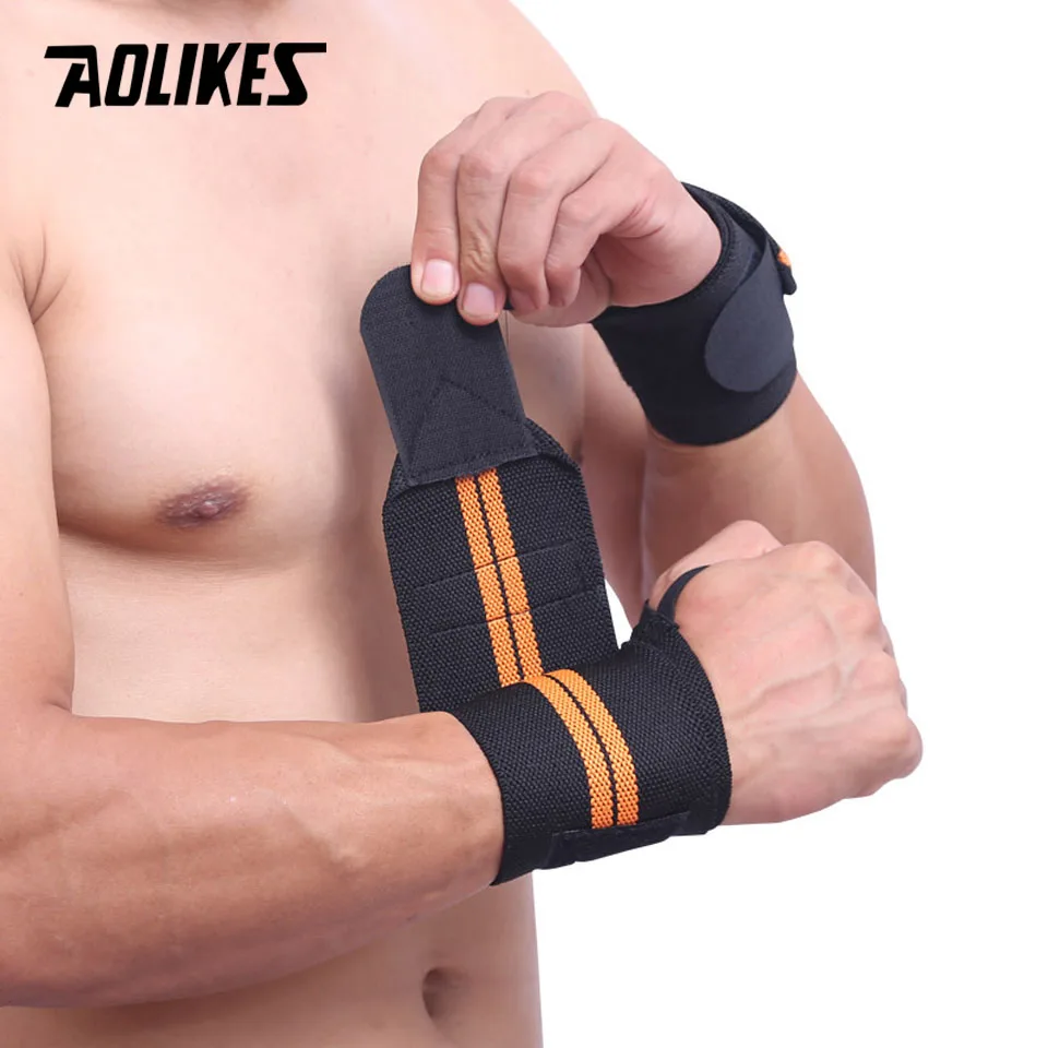 Black with Orange AOLIKES 1 пара Тренажерный зал фитнес тяжелая атлетика нарукавники Powerlifting браслет поддержка эластичные бинты для запястья бандаж повязка - Цвет: Black with Orange
