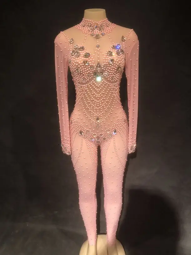 Фото Женское боди с кристаллами розовое телесное для вечеривечерние или выступления