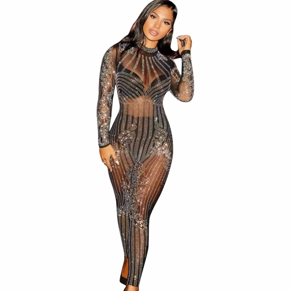 

Club Sexy Full Bodysuits Sequin Mesh Patchwork See Through Women Sexy Rompers