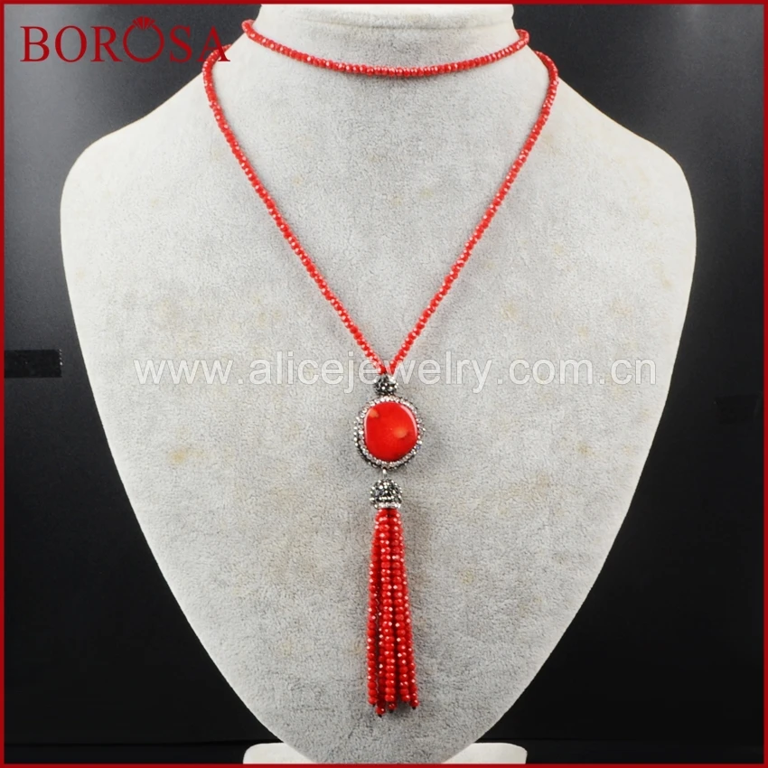 BOROSA круглое коралловое ожерелье ручная работа стразы 27 дюймов с Красной