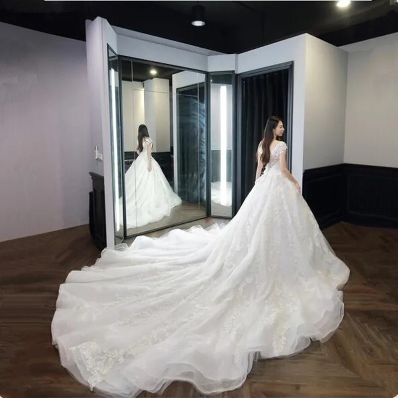 

Vestido de Noiva Ball Gown Lace Wedding Bridal Gowns Cap Sleeve V-neck Court Train Princess Bridal Gown Custom Made 2019