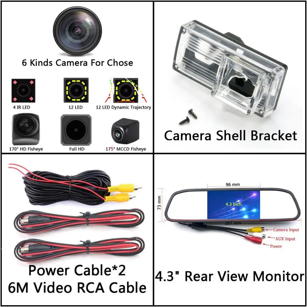 Camera 4.3 Mirror 175 градусов MCCD Fisheye 12LED HD заднего вида Камера для Toyota Reiz Avalon XX10 Land Cruiser Prado 200 LC200 монитор автомобиля - Название цвета: Camera 4.3 Mirror