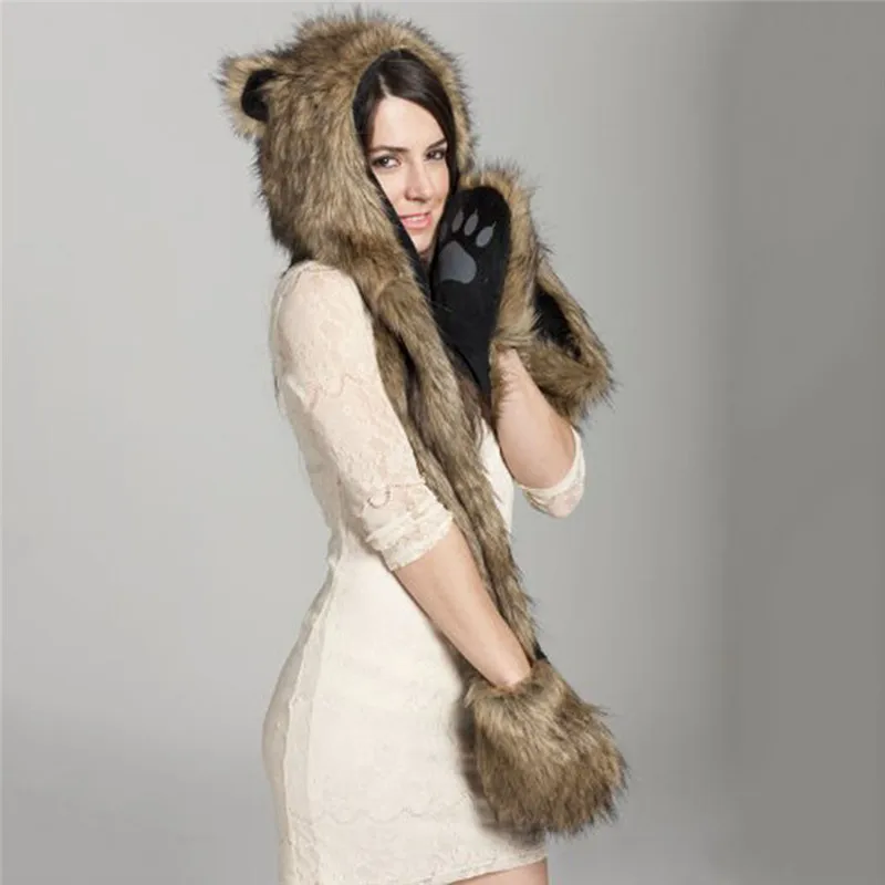 Теплые зимние шапки для женщин капюшон с изображением волка тигра шарф шапка