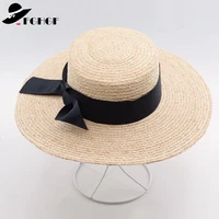 2019 elegant women raffia hats 10cm4 wide brim sun hats flat top ladies summer hats black ribbon bow knot kentucky derby hats