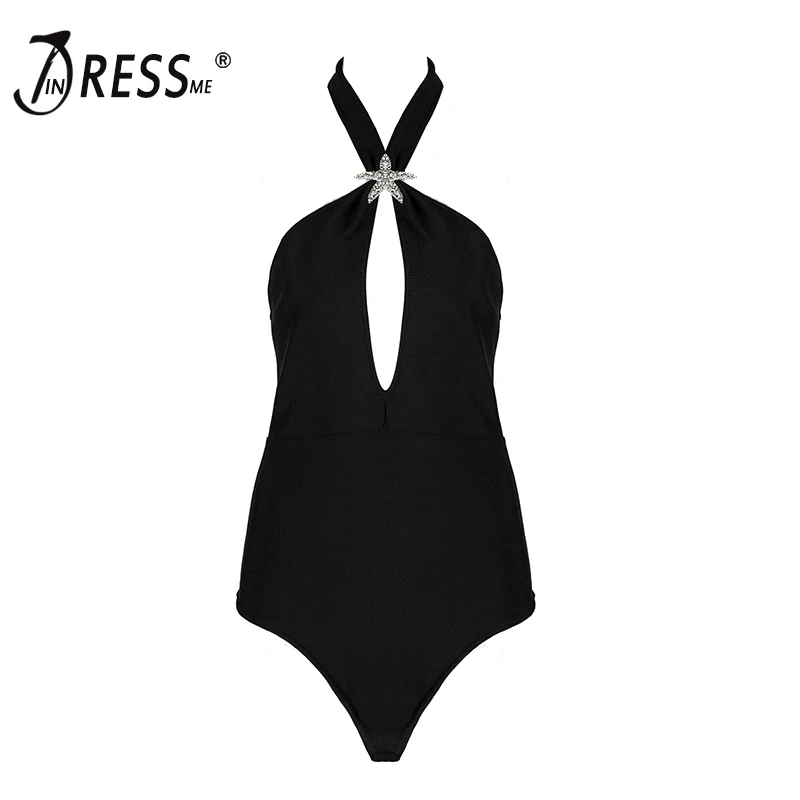 INDRESSME сексуальный Холтер с вырезом на спине женские боди облегающие однотонные