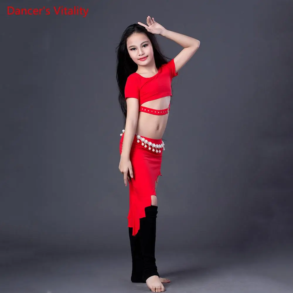 Красный Новая сценическая Модальная Одежда для танцев живота для девочек комплект из 2 предметов: топ+ юбка+ нижнее белье для девочек, костюм для танца живота с круглым вырезом, костюм для бальных танцев - Цвет: Красный