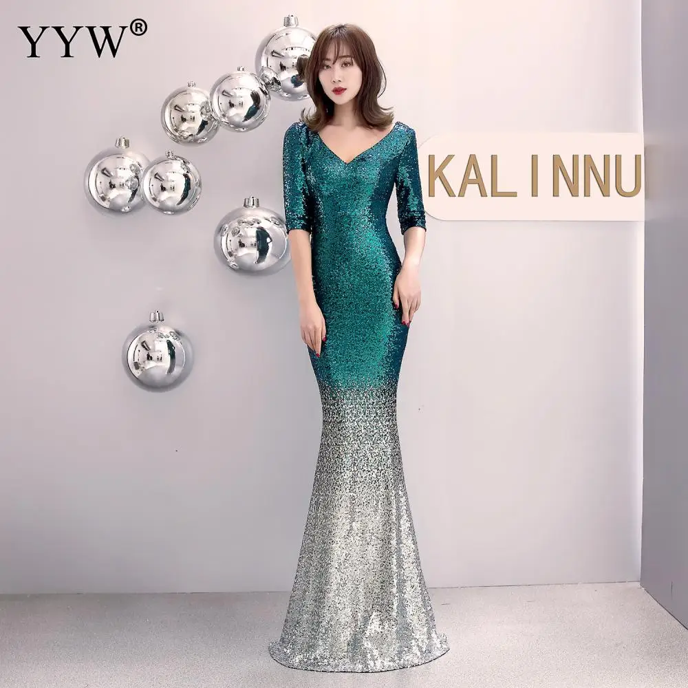 green Fashion Long Evening Dresses Vintage Sequin Gradient Mermaid Dresses Women V Neck Half Sleeve Elegant Formal Club Party Vestidos - Цвет: green
