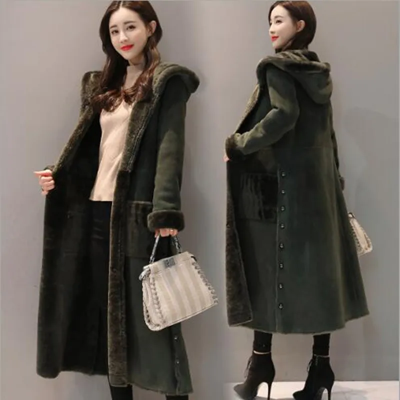 2018 spring winter military jackets woman side split thermal thicken flocking maxi long suede jacket coat with a hood | Женская одежда