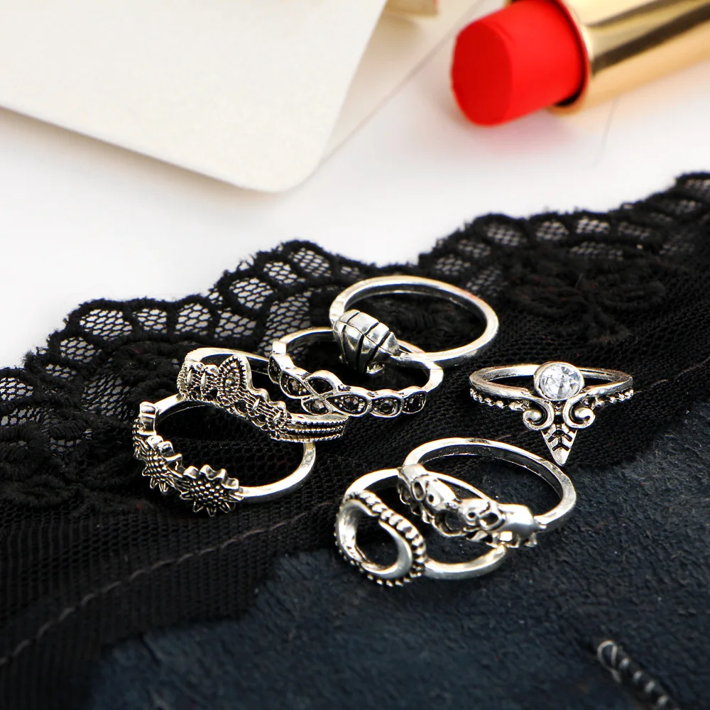 Elephant Rings Antique Gold Silver Color Crystal Midi Knuckle Finger Ring Set Women Hollow Flower Crown Moon Sun Jewelry 7 pcs | Украшения
