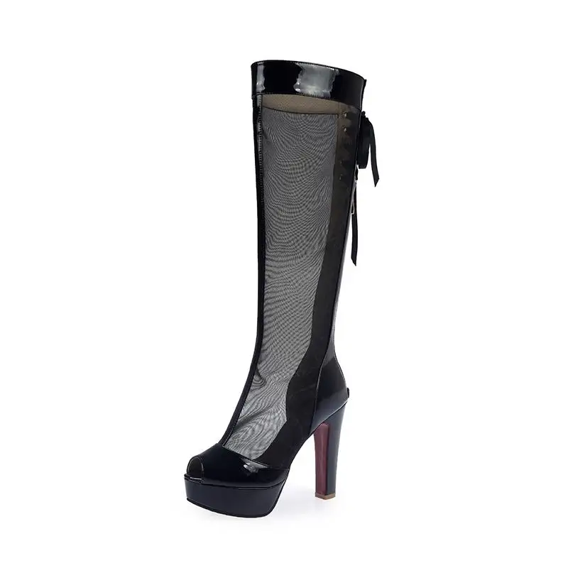 Женские сапоги до колена на платформе с открытым носком размеры 34 44|womens knee high
