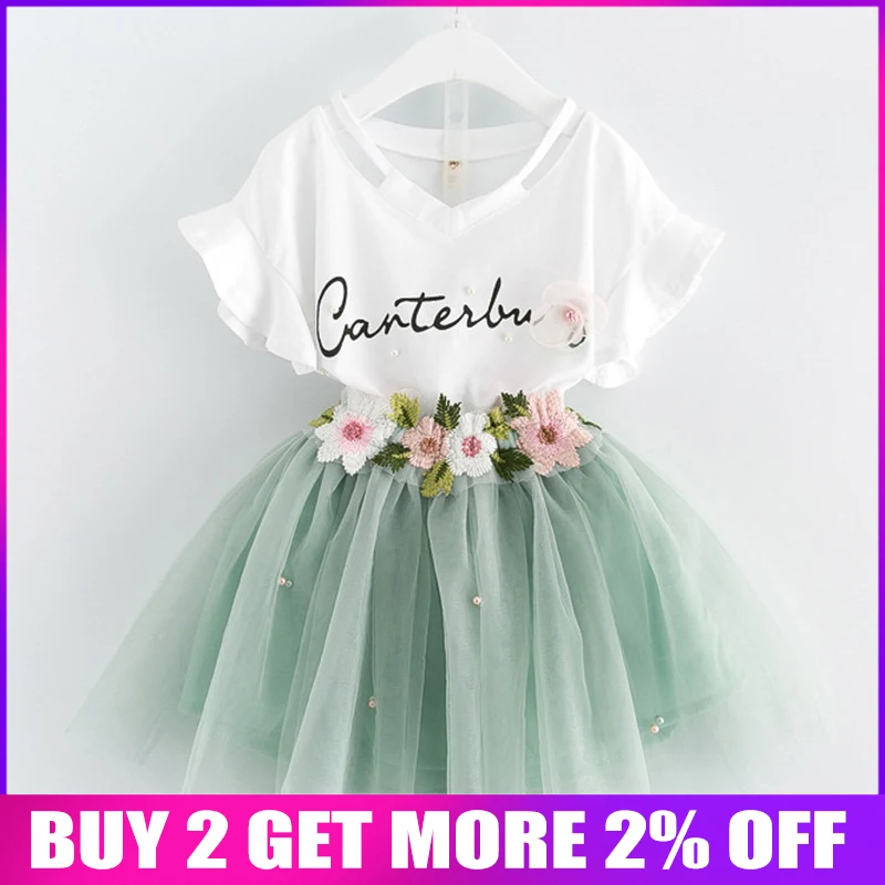 BibiCola baby girls summer clothing sets children sleeveless white t-shirt + skirt 2pcs suits girl princess clothes set | Детская одежда