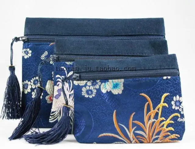 

Tassel Large Zipper 3 Set Coin Purse Travel Jewelry Cosmetic Makeup Bag Silk Brocade Craft Trinket Makeup Packaging Pouch