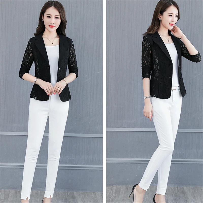 

2020 Spring Summer New Lace Suit Korean Plue size Short paragraph hollow Suit Fashion Casual Slim Solid color Women Top W037