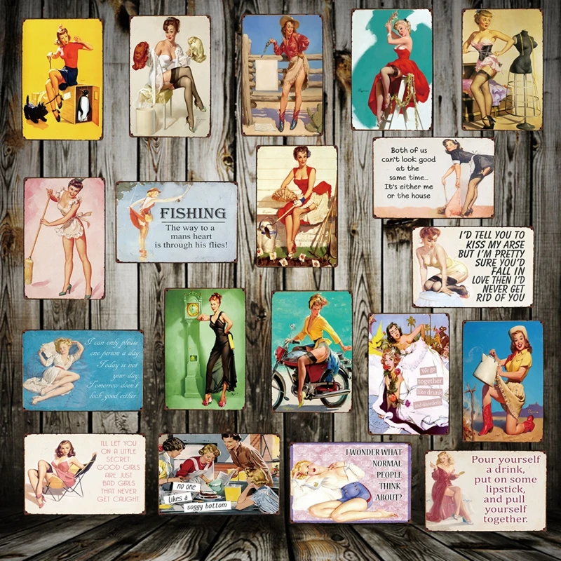 

[ WellCraft ] PIN UP LADY Retro Sexy Tin Sign Wall Plaque Custom Painting Vintage Antique Gift Pub Room Decor LT-1714