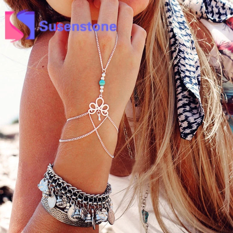 Женский браслет цепочка с цветочными бусинами ажурные браслеты на руку и палец