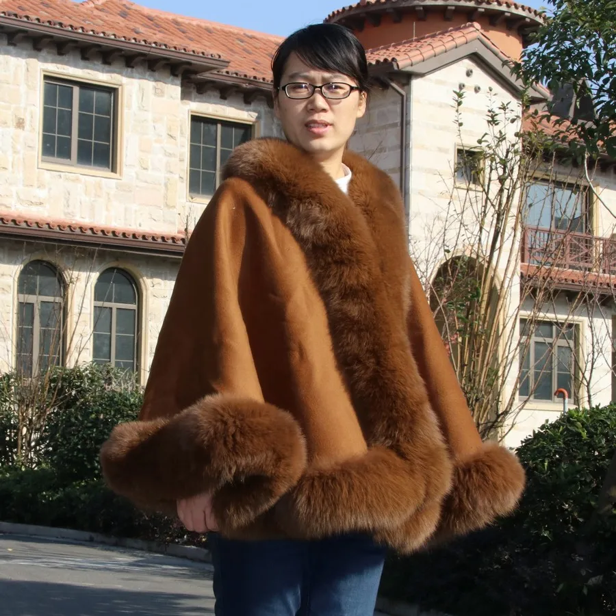 ZDFURS* Натуральные кашемировые шали из лисьего меха женские модные пончо из натурального меха женские накидки люксовый бренд шали и шарфы - Цвет: camel