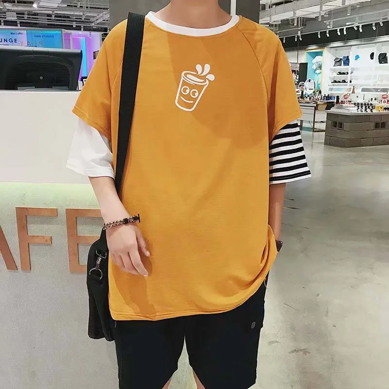 Orange Негабаритных хип-хоп Harajuku Bf Футболка мужская Свободная забавная Ulzzang футболка с коротким рукавом корейский стиль мужской дышащий Топ студенческий крутой - Цвет: Orange
