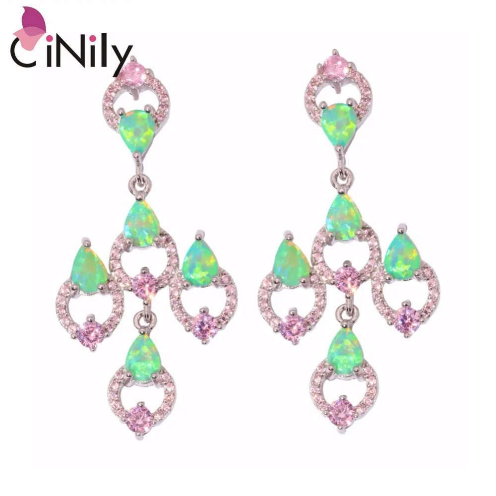 Серьги пусеты CiNily Created серьги с зеленым огненным опалом розовым цирконием и