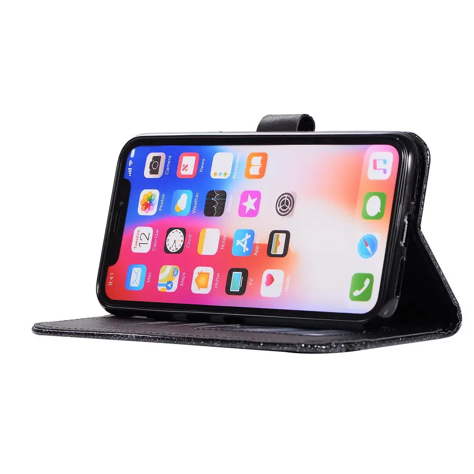 Чехол-книжка из искусственной кожи с блестками для iPhone X, XS, XR, XS, Max, с пряжкой в виде сердца, чехол для iPhone 5 5S se, 6, 6 S, 7, 8 Plus