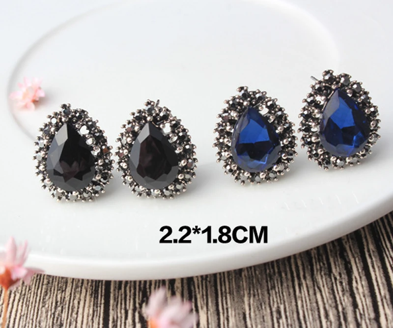 F&ampU Fashion Deluxe Waterdrop Rhinestone Earrings Stud for Women Sweet Wreath Blue And Black Jewelry For Party | Украшения и