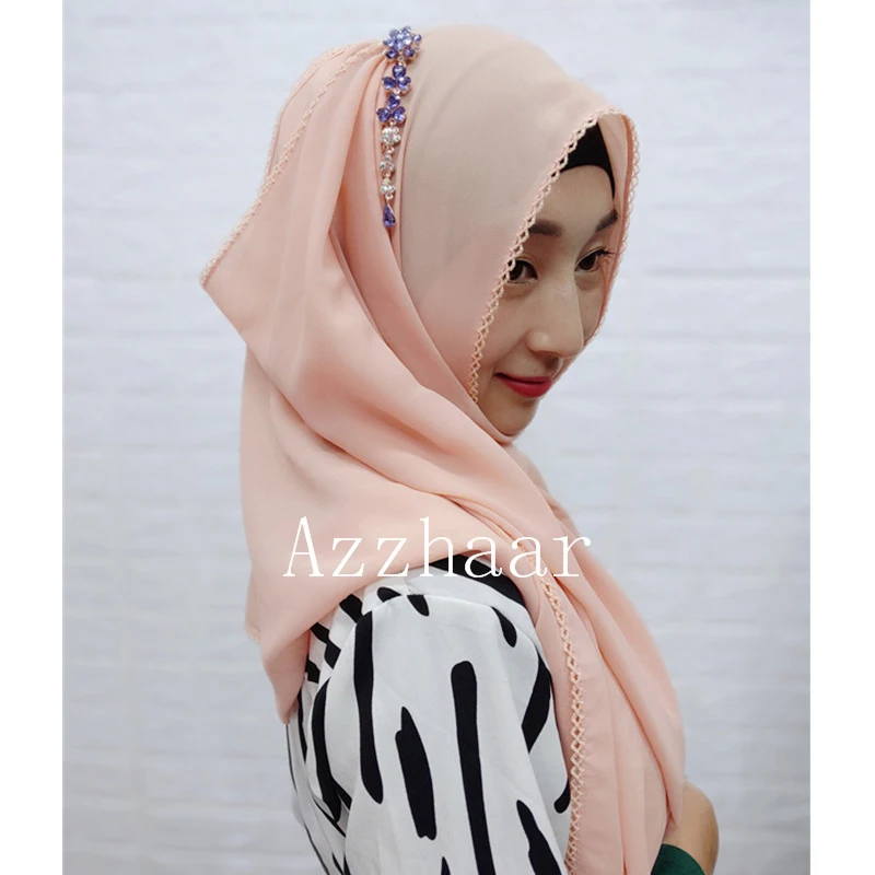 Простой стиль Женский хиджаб однотонный горный хрусталь шифон шелк популярные