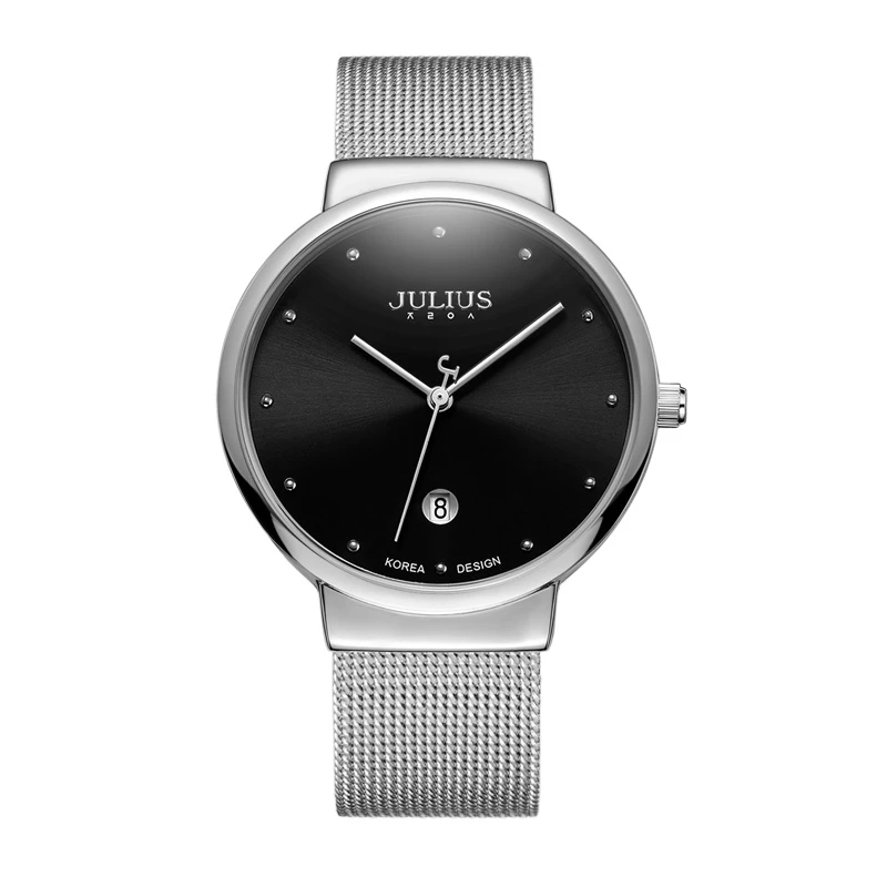 Silver black Мужские часы из нержавеющей стали золотого и серебряного цвета, Популярные Роскошные ультратонкие мужские часы высокого качества с календарем, модные повседневные кварцевые часы Julius 426 - Цвет: Silver black