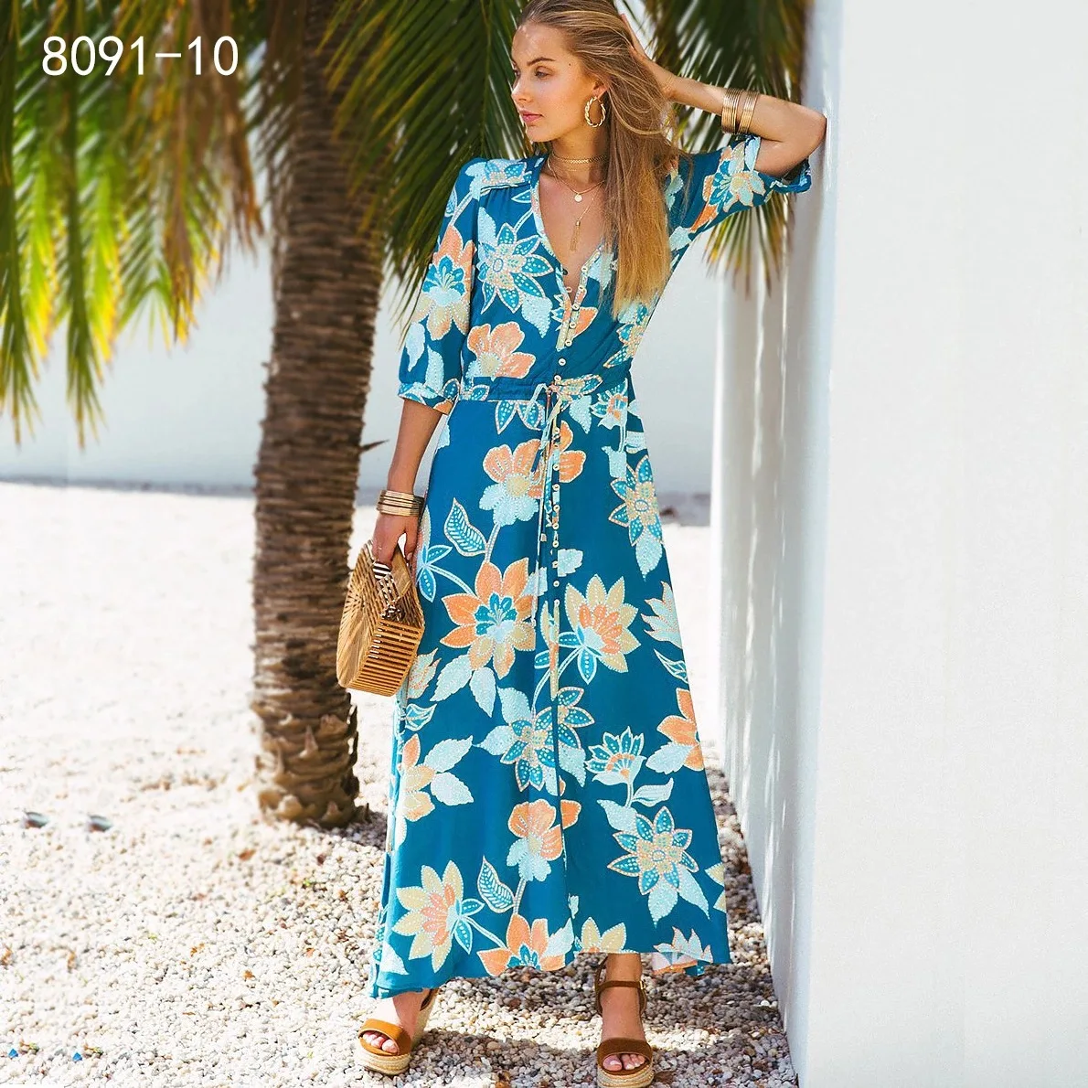 Женское винтажное платье-макси в стиле бохо с V-образным вырезом | Женская одежда