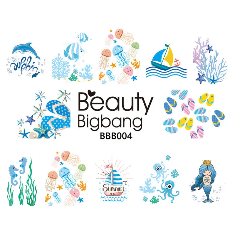 BeautyBigBang наклейки для дизайна ногтей с русалочкой голубого цвета Scaleph желе Морская звезда якорь изображения водные наклейки для ногтей искусство BBB033