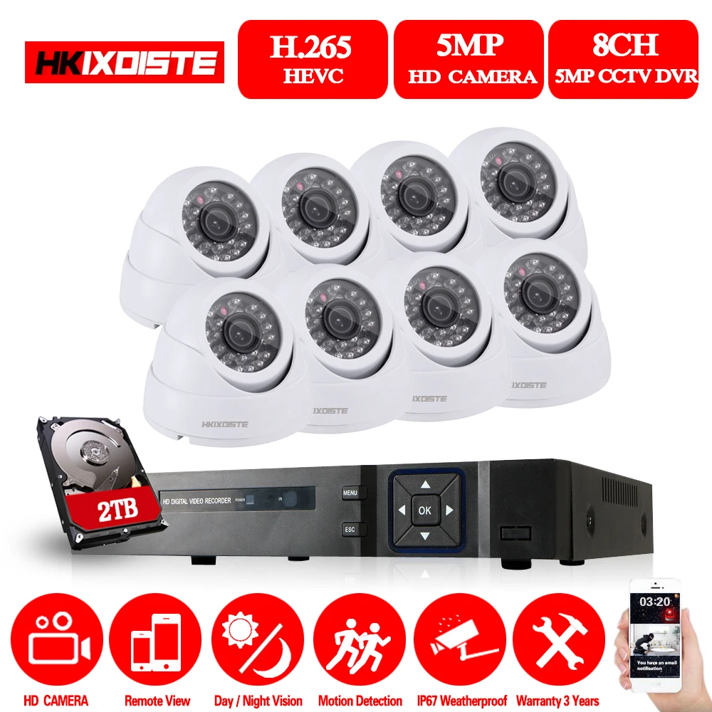 HKIXDISTE 5MP CCTV система 8CH DVR комплект 8 шт. камера Крытый открытый купол AHD XMeye Удаленный
