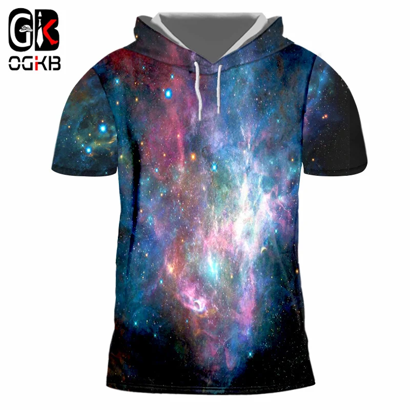 

OGKB New Arrival Men/women Hiphop Streetwear Punk Tshirt With Cap Print Galaxy Space 3D T-shirt With Hood Short Sleeve Hoody 7xl