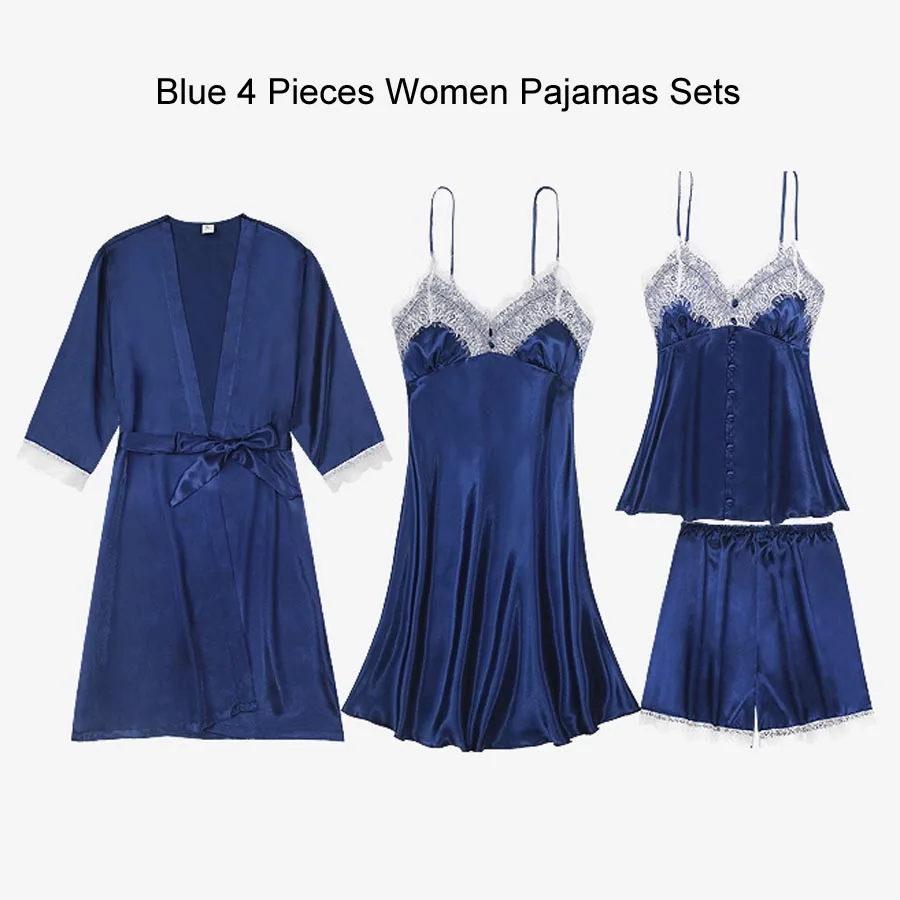 Blue Pajama Set (2) Сексуальный халат и платье наборы для женщин атласная одежда для сна комплект из 5 предметов летний домашний вечерний комплект с платьем Slik кружевное ночное белье халат сексуальное ночное платье - Цвет: Blue Pajama Set (2)