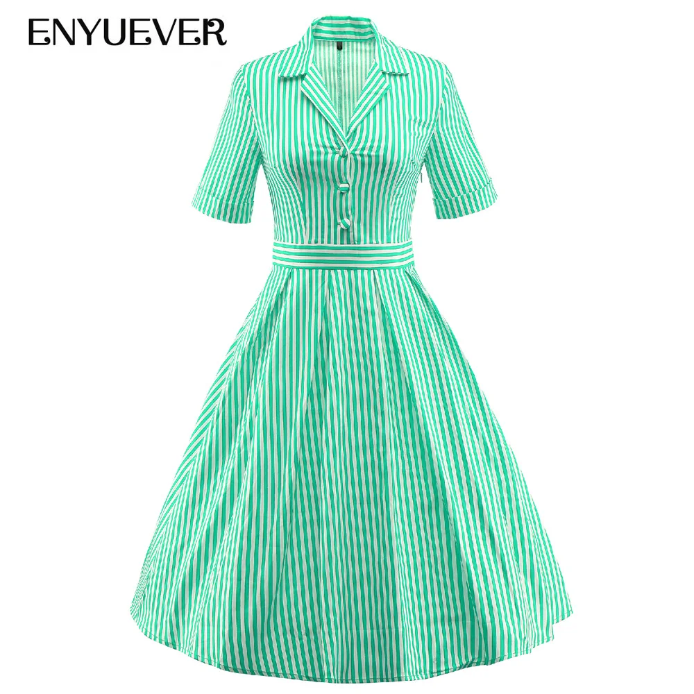 Enyuever платье в полоску плюс размеры большие качели короткий рукав элегантный