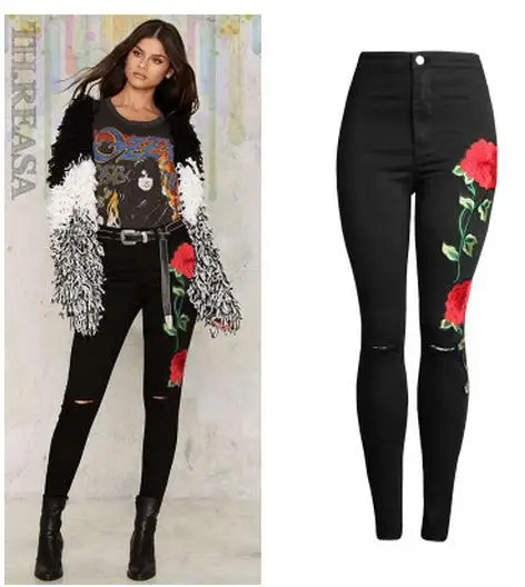 Женские узкие джинсы с 3D вышивкой облегающие Винтажные эластичные джинсовые