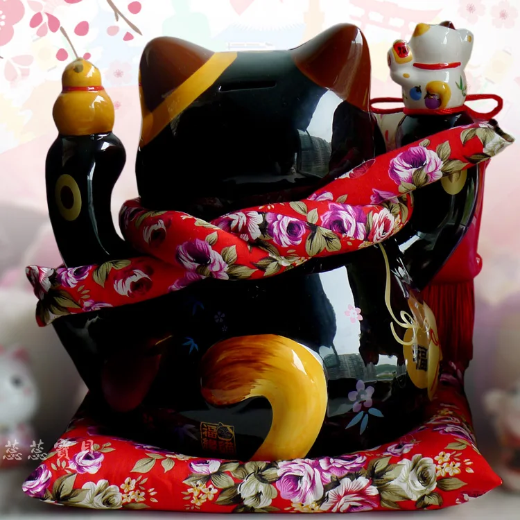 Черный Maneki Neko керамический счастливый кот с лютней домашний декор украшения креативные деловые подарки удача Кот Копилка фэншуй ремесло