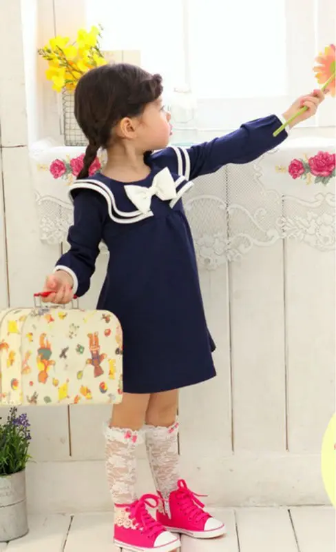 New 2014 Lotus Leaf Collar Children Spring Winter Baby Kids Girls Bow School Dresses Princess Party Child Dress 3-7 Years | Детская