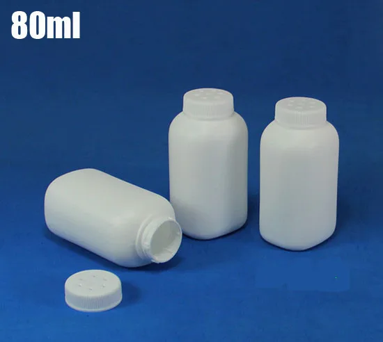 

300pcs/lot Capacity 80ml White Plastic HDPE Bottle with Hole Cap for Powder Medicine, Talcum Powder Container