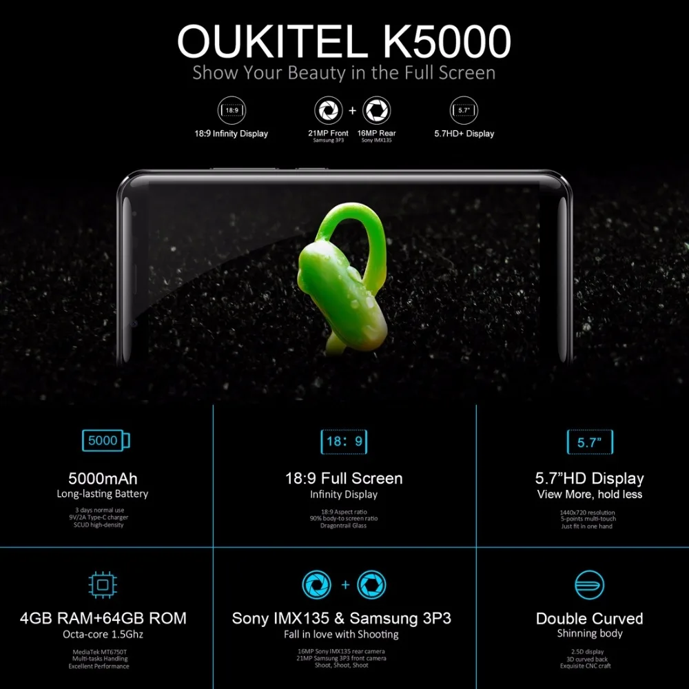 5 7 ''OUKITEL K5000 смартфон 21MP 16MP Камера Android 0 mtk6750t восемь ядер Оперативная память 4G B