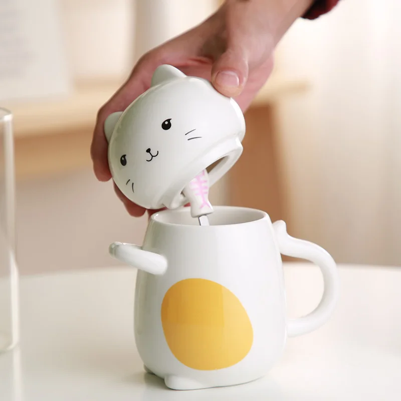 3D креативные кофейные кружки Kawaii С мультяшным котом, керамическая чашка с крышкой, чайные чашки с ложкой, бутылка для воды, чашка для завтрака, подарки для влюбленных
