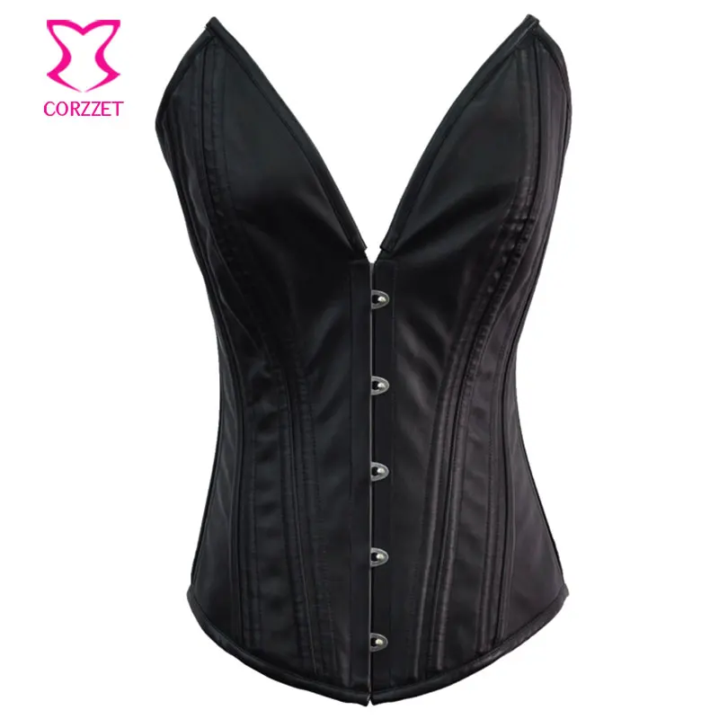 

Black Leather Double Steel Boned Overbust V Neck Gothic Corset Steampunk Waist Slimming Corsets and Bustiers Sexy Corselet Korse