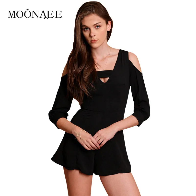 

MOONAJEE 2017 новые модные сексуальные открытые сексуальные с v-образным вырезом Тонкие без бретелек Летние Комбинезоны женские однотонные черны...