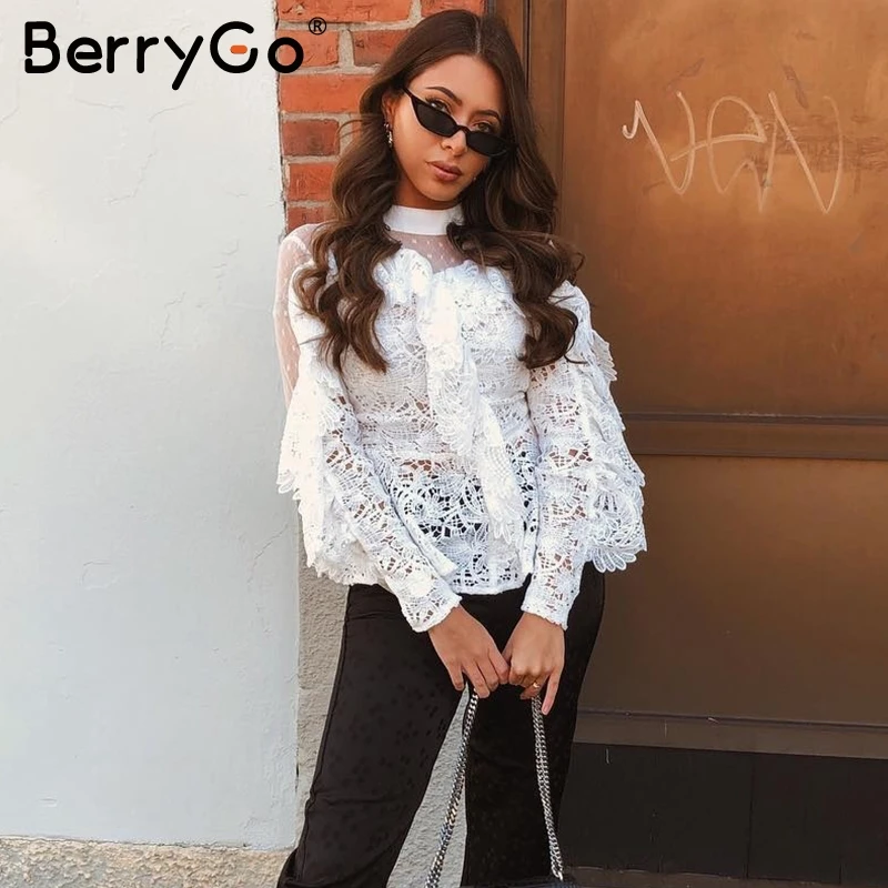 BerryGo белая женская блузка рубашка кружевная сетка вышивка Элегантный полый с