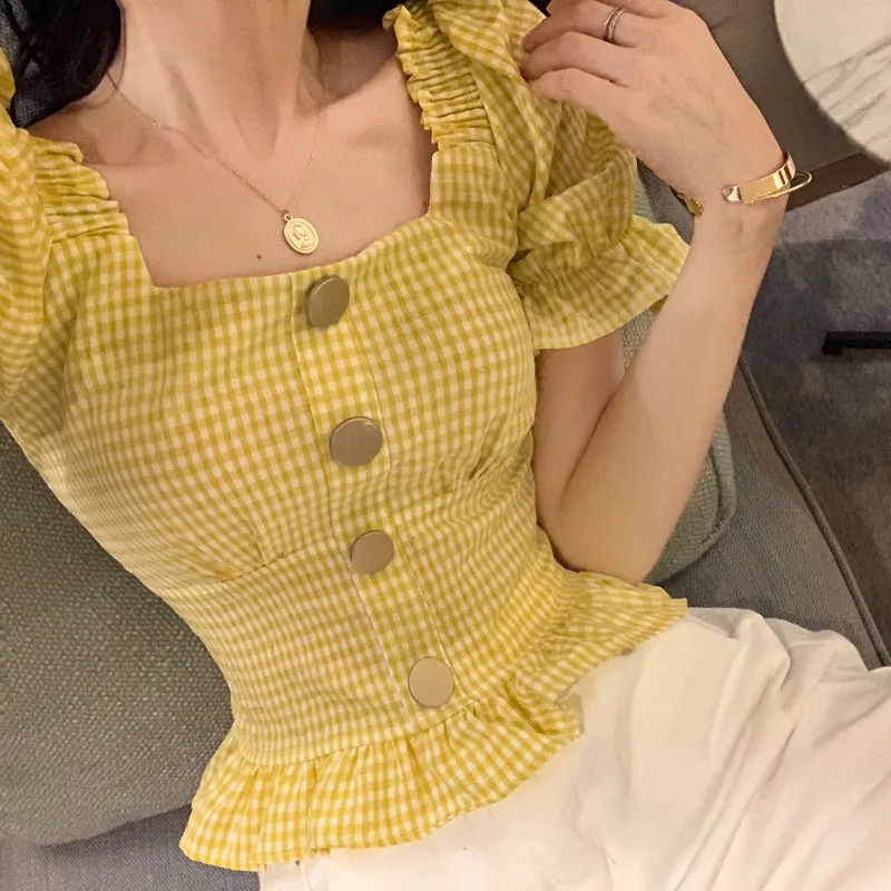 yellow Летняя винтажная клетчатая блузка для женщин с квадратным воротником и пышными рукавами, женские короткие топы размера плюс, блузки, рубашки, женская рубашка - Цвет: yellow