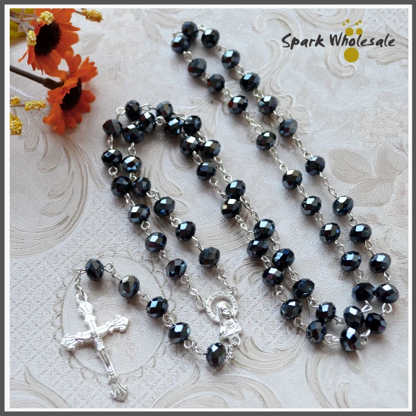 Религиозный Розарио Необычные 8*6 мм черные хрустальные бусины четки