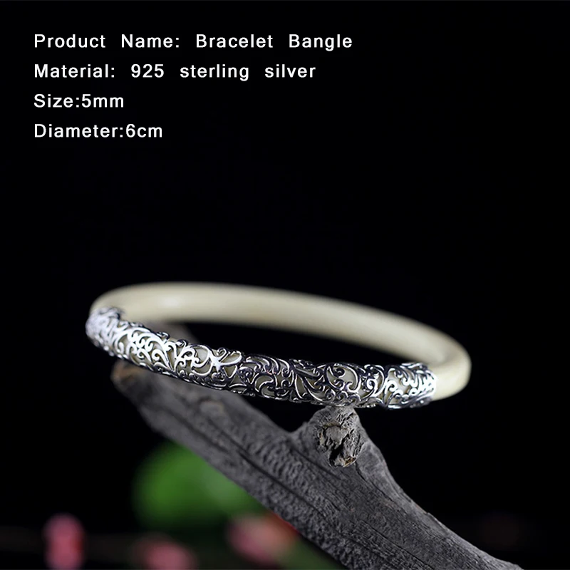 Женский винтажный браслет из серебра 100% пробы с цветком|bracelet bangle for women|bracelet