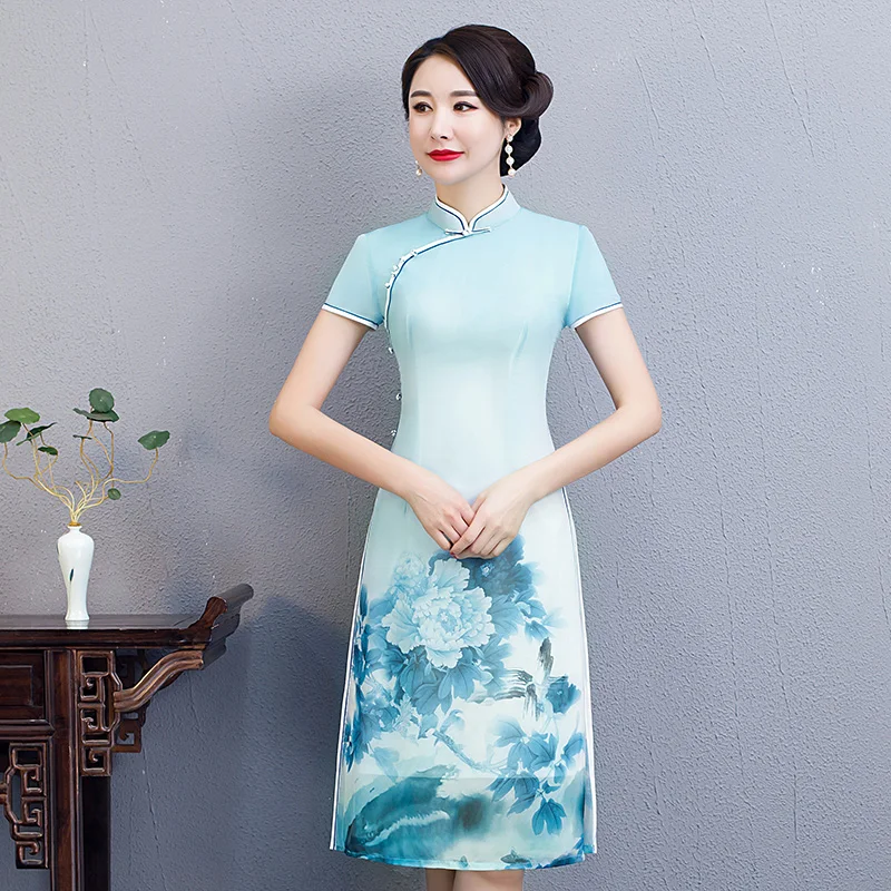 Женские летние короткие Cheongsam моды китайский стиль полиэстер платье по колено Qipao Тонкий платья для вечеринок Леди Vestido S-3XL