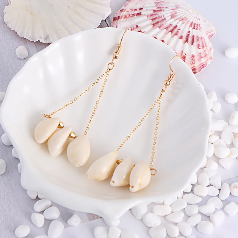 KOMi Bohemian Natural Cowrie Shell Pendant Tassel Drop Statement Earrings Sea Beach Jewelry for Women Gift Brincos