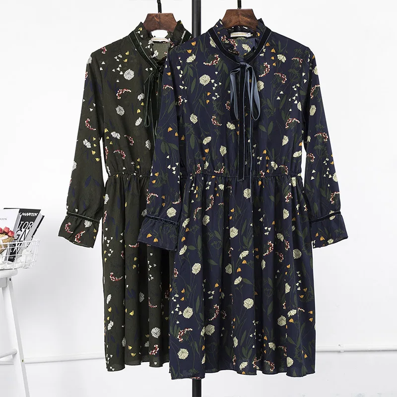 

Plus Size Dress 3XL 4XL 5XL Long Sleeve Floral Sweet Autumn Knee Length Dress Women Clothes 2018 Blue Green Korean Fashion 42188